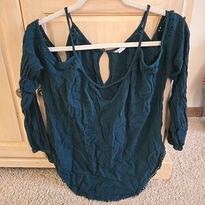 Aeropostale Women's Dark Turquoise Bohemian Style Cold Shoulder Long Sleeve Top